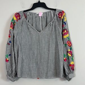 Anthropologie Floreat Floral Embroidered Tassel Back Top Cotton Blend Loose Fit